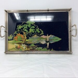 Incredible reverse painted tray with silver trim and handles.